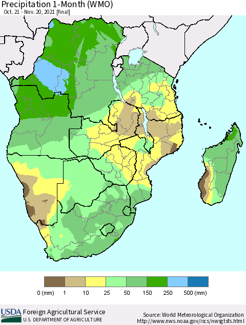 Southern Africa Precipitation 1-Month (WMO) Thematic Map For 10/21/2021 - 11/20/2021