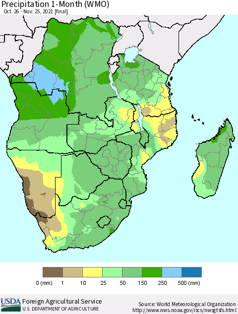 Southern Africa Precipitation 1-Month (WMO) Thematic Map For 10/26/2021 - 11/25/2021