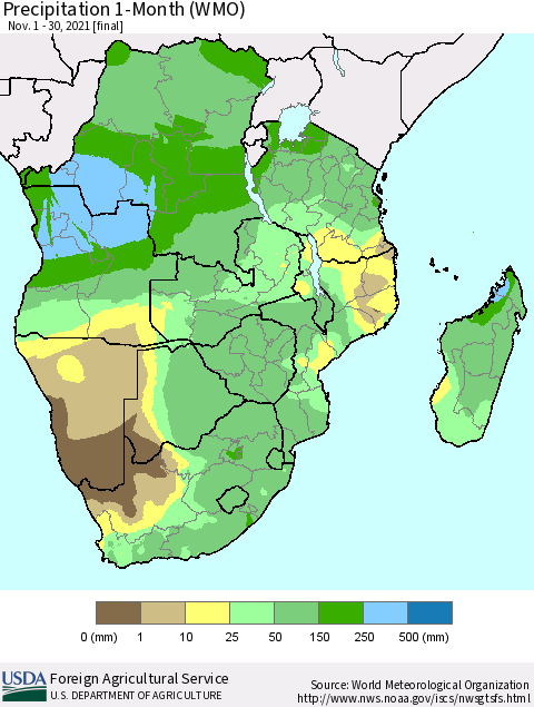Southern Africa Precipitation 1-Month (WMO) Thematic Map For 11/1/2021 - 11/30/2021