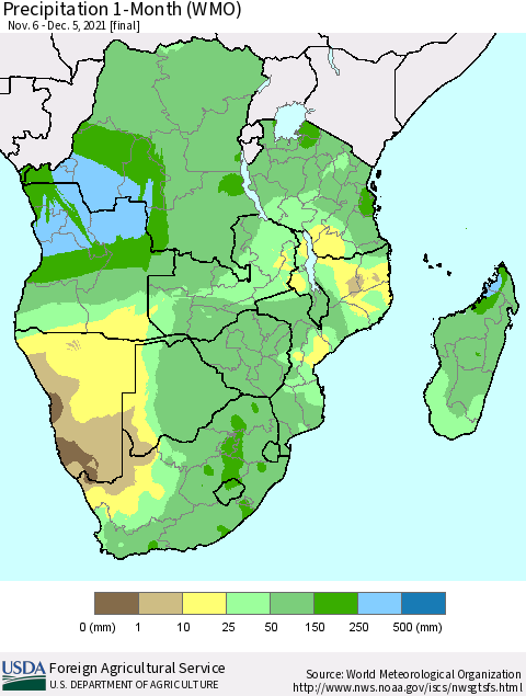 Southern Africa Precipitation 1-Month (WMO) Thematic Map For 11/6/2021 - 12/5/2021