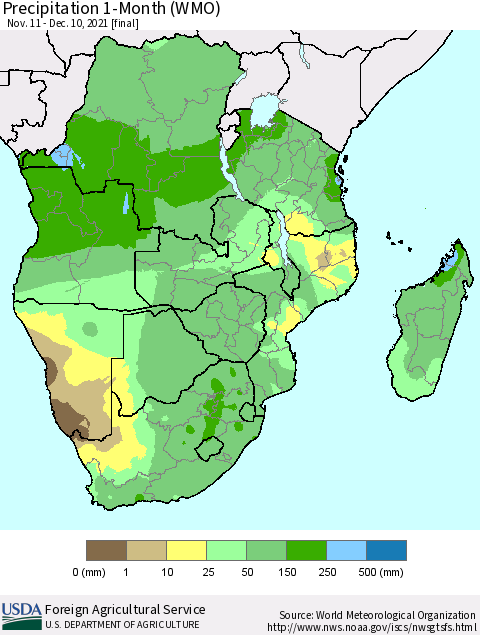 Southern Africa Precipitation 1-Month (WMO) Thematic Map For 11/11/2021 - 12/10/2021