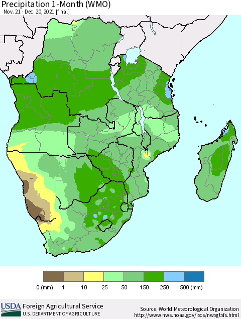 Southern Africa Precipitation 1-Month (WMO) Thematic Map For 11/21/2021 - 12/20/2021
