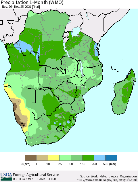 Southern Africa Precipitation 1-Month (WMO) Thematic Map For 11/26/2021 - 12/25/2021