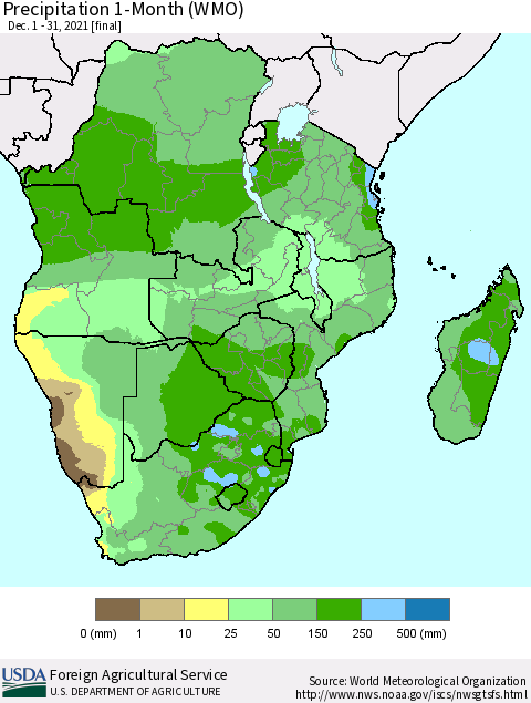 Southern Africa Precipitation 1-Month (WMO) Thematic Map For 12/1/2021 - 12/31/2021