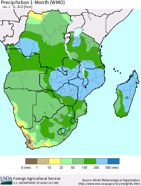 Southern Africa Precipitation 1-Month (WMO) Thematic Map For 1/1/2022 - 1/31/2022
