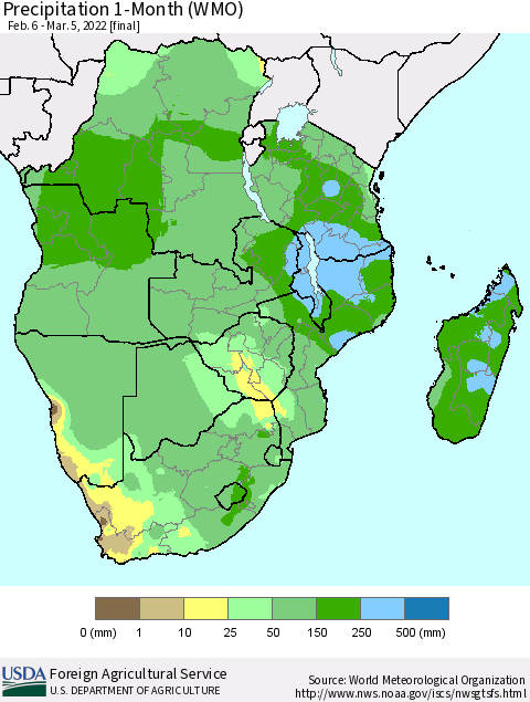 Southern Africa Precipitation 1-Month (WMO) Thematic Map For 2/6/2022 - 3/5/2022