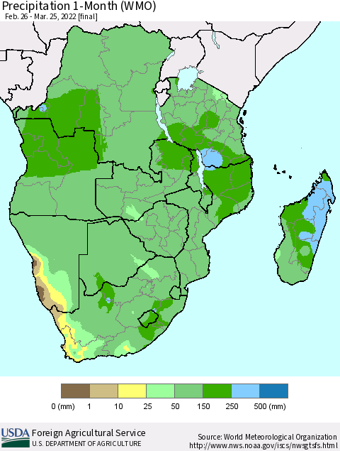 Southern Africa Precipitation 1-Month (WMO) Thematic Map For 2/26/2022 - 3/25/2022