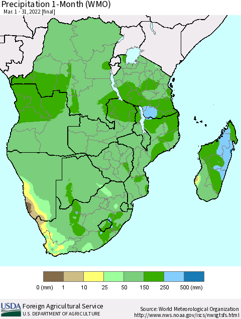 Southern Africa Precipitation 1-Month (WMO) Thematic Map For 3/1/2022 - 3/31/2022