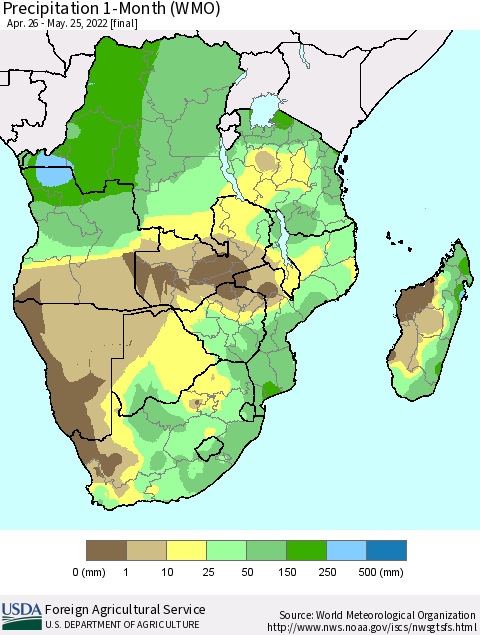Southern Africa Precipitation 1-Month (WMO) Thematic Map For 4/26/2022 - 5/25/2022