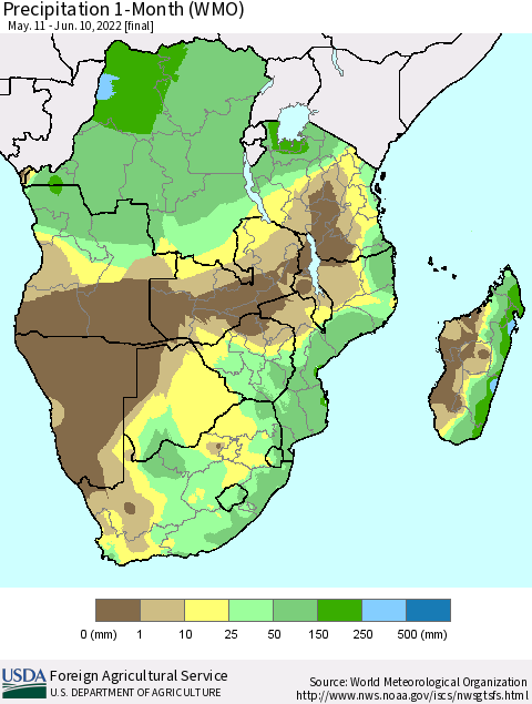 Southern Africa Precipitation 1-Month (WMO) Thematic Map For 5/11/2022 - 6/10/2022
