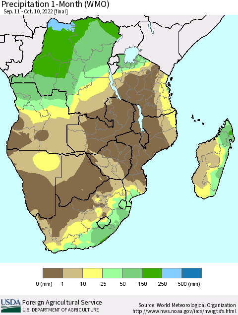 Southern Africa Precipitation 1-Month (WMO) Thematic Map For 9/11/2022 - 10/10/2022