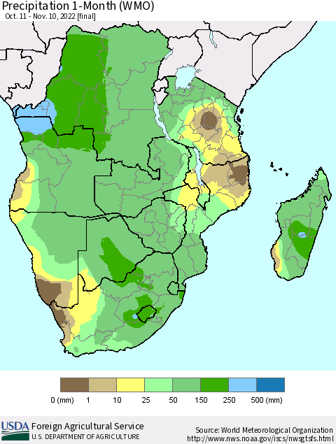 Southern Africa Precipitation 1-Month (WMO) Thematic Map For 10/11/2022 - 11/10/2022