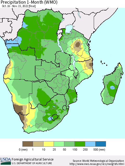 Southern Africa Precipitation 1-Month (WMO) Thematic Map For 10/16/2022 - 11/15/2022