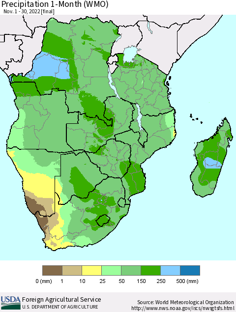 Southern Africa Precipitation 1-Month (WMO) Thematic Map For 11/1/2022 - 11/30/2022