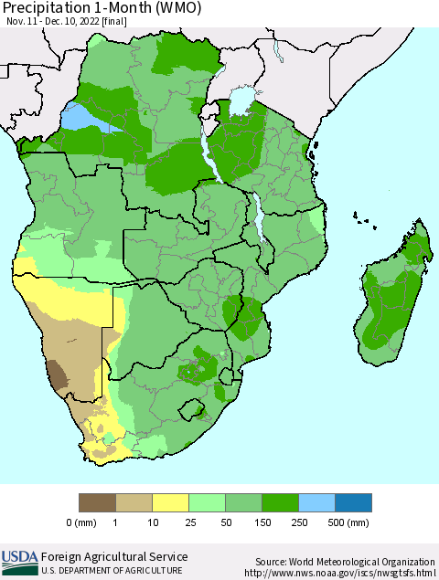 Southern Africa Precipitation 1-Month (WMO) Thematic Map For 11/11/2022 - 12/10/2022