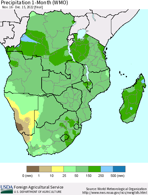 Southern Africa Precipitation 1-Month (WMO) Thematic Map For 11/16/2022 - 12/15/2022