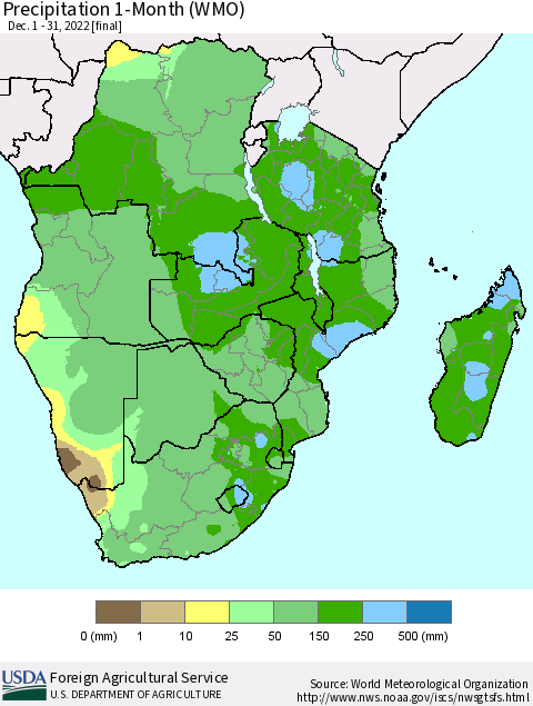 Southern Africa Precipitation 1-Month (WMO) Thematic Map For 12/1/2022 - 12/31/2022