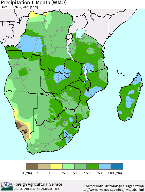 Southern Africa Precipitation 1-Month (WMO) Thematic Map For 12/6/2022 - 1/5/2023