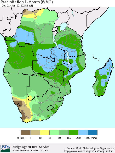 Southern Africa Precipitation 1-Month (WMO) Thematic Map For 12/21/2022 - 1/20/2023