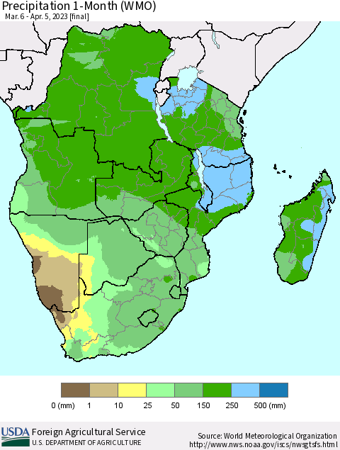 Southern Africa Precipitation 1-Month (WMO) Thematic Map For 3/6/2023 - 4/5/2023