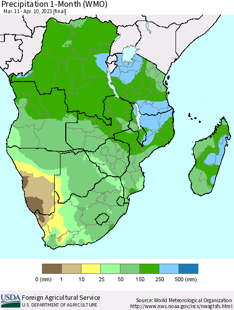 Southern Africa Precipitation 1-Month (WMO) Thematic Map For 3/11/2023 - 4/10/2023