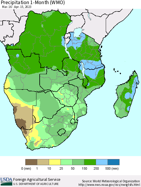 Southern Africa Precipitation 1-Month (WMO) Thematic Map For 3/16/2023 - 4/15/2023