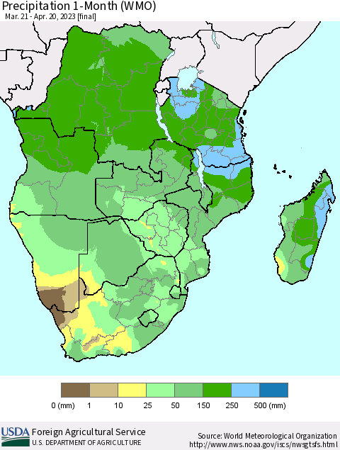 Southern Africa Precipitation 1-Month (WMO) Thematic Map For 3/21/2023 - 4/20/2023