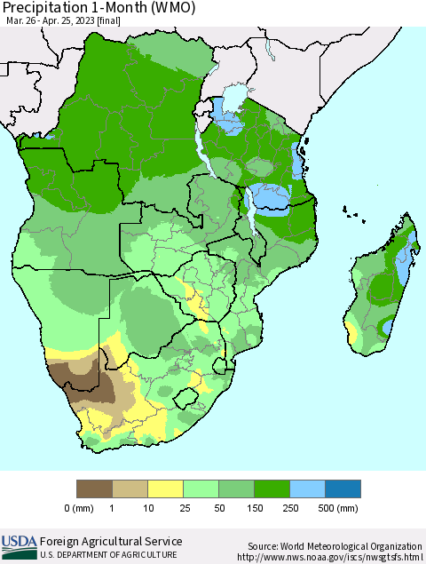 Southern Africa Precipitation 1-Month (WMO) Thematic Map For 3/26/2023 - 4/25/2023