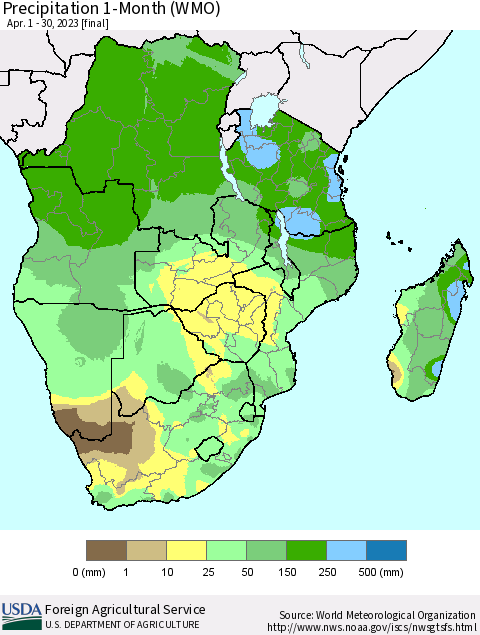 Southern Africa Precipitation 1-Month (WMO) Thematic Map For 4/1/2023 - 4/30/2023