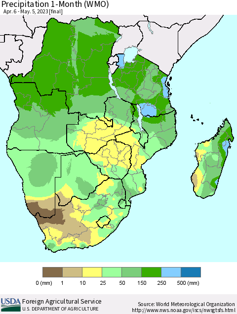 Southern Africa Precipitation 1-Month (WMO) Thematic Map For 4/6/2023 - 5/5/2023