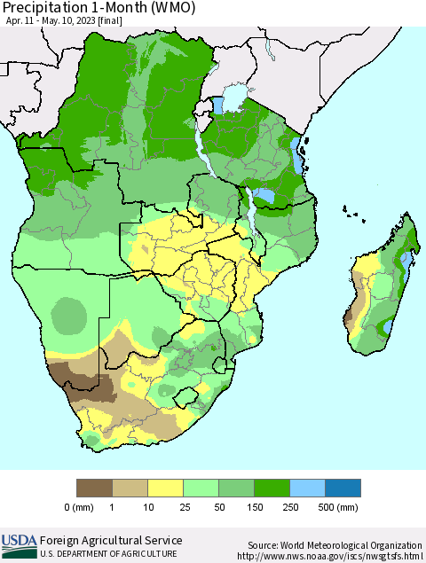Southern Africa Precipitation 1-Month (WMO) Thematic Map For 4/11/2023 - 5/10/2023