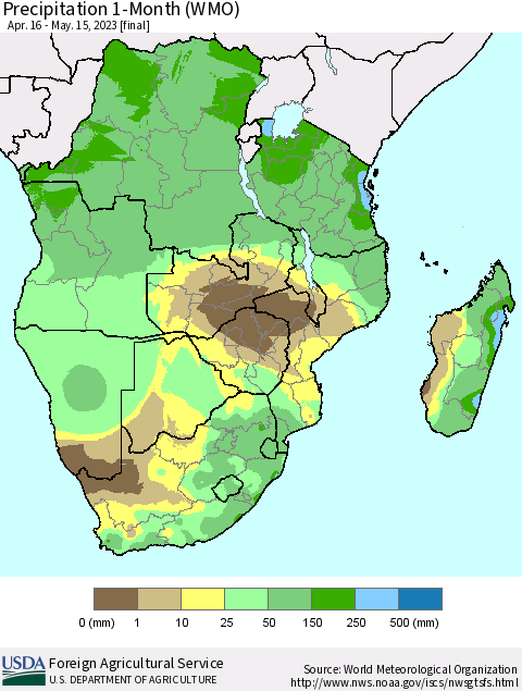 Southern Africa Precipitation 1-Month (WMO) Thematic Map For 4/16/2023 - 5/15/2023