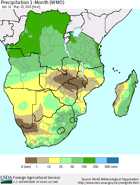 Southern Africa Precipitation 1-Month (WMO) Thematic Map For 4/21/2023 - 5/20/2023