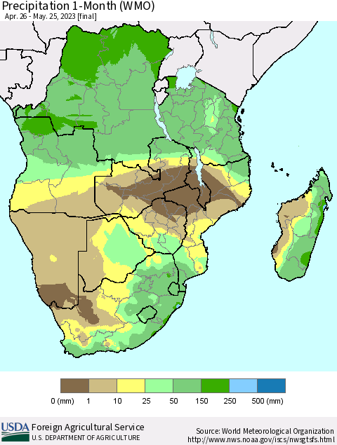 Southern Africa Precipitation 1-Month (WMO) Thematic Map For 4/26/2023 - 5/25/2023
