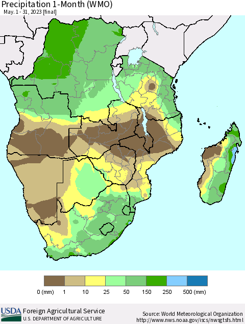 Southern Africa Precipitation 1-Month (WMO) Thematic Map For 5/1/2023 - 5/31/2023