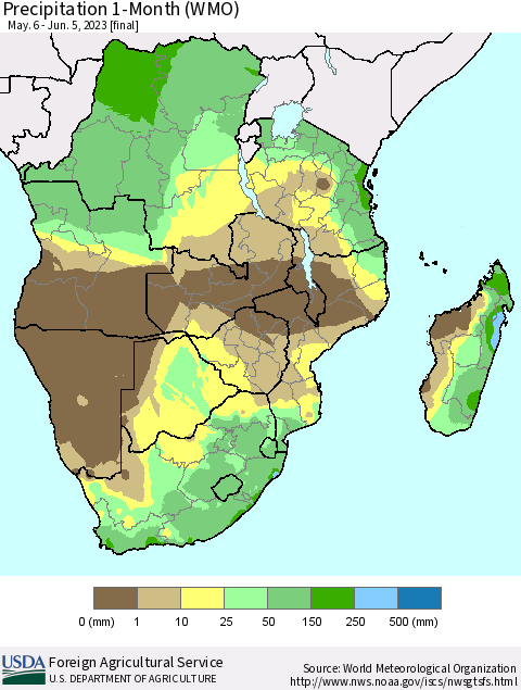 Southern Africa Precipitation 1-Month (WMO) Thematic Map For 5/6/2023 - 6/5/2023