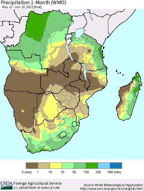 Southern Africa Precipitation 1-Month (WMO) Thematic Map For 5/11/2023 - 6/10/2023