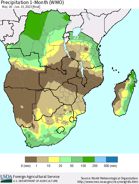 Southern Africa Precipitation 1-Month (WMO) Thematic Map For 5/16/2023 - 6/15/2023