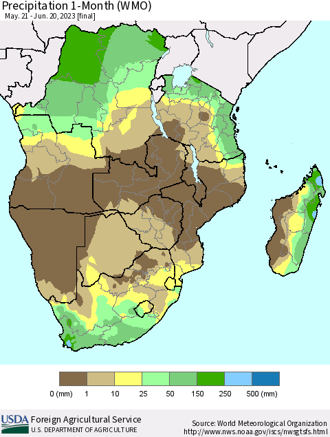 Southern Africa Precipitation 1-Month (WMO) Thematic Map For 5/21/2023 - 6/20/2023