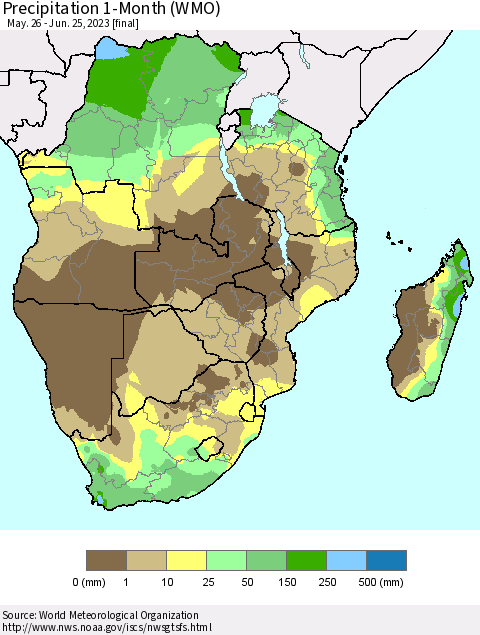 Southern Africa Precipitation 1-Month (WMO) Thematic Map For 5/26/2023 - 6/25/2023