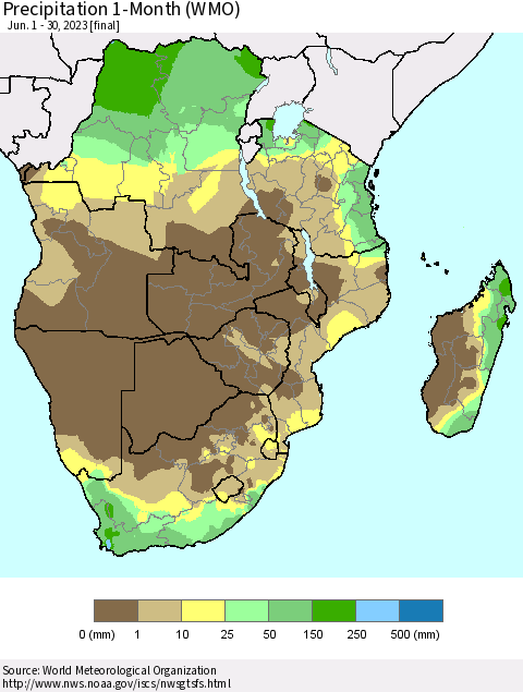 Southern Africa Precipitation 1-Month (WMO) Thematic Map For 6/1/2023 - 6/30/2023