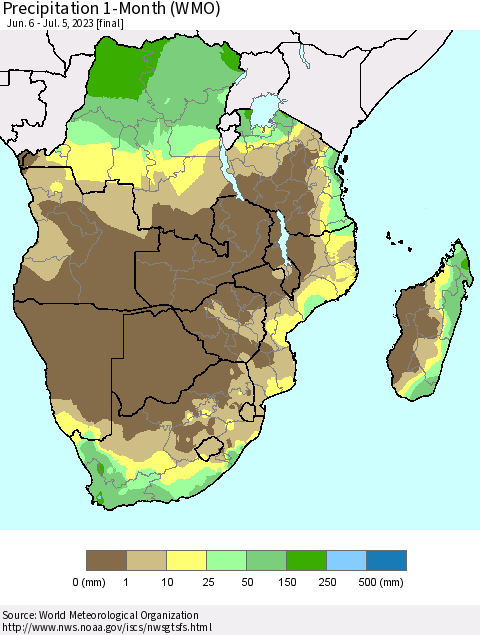 Southern Africa Precipitation 1-Month (WMO) Thematic Map For 6/6/2023 - 7/5/2023