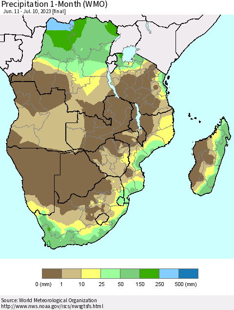 Southern Africa Precipitation 1-Month (WMO) Thematic Map For 6/11/2023 - 7/10/2023