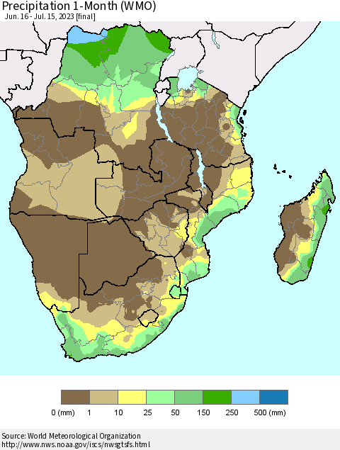 Southern Africa Precipitation 1-Month (WMO) Thematic Map For 6/16/2023 - 7/15/2023