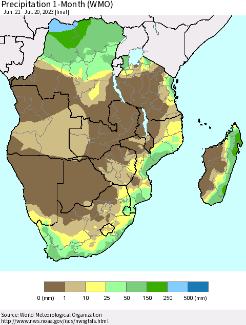 Southern Africa Precipitation 1-Month (WMO) Thematic Map For 6/21/2023 - 7/20/2023