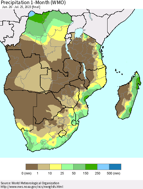 Southern Africa Precipitation 1-Month (WMO) Thematic Map For 6/26/2023 - 7/25/2023