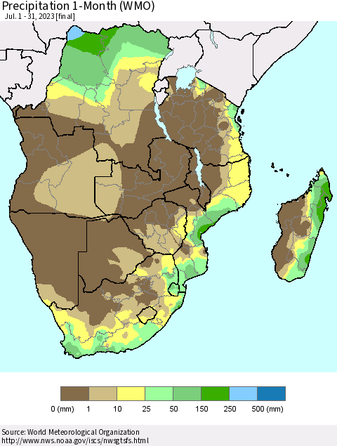 Southern Africa Precipitation 1-Month (WMO) Thematic Map For 7/1/2023 - 7/31/2023