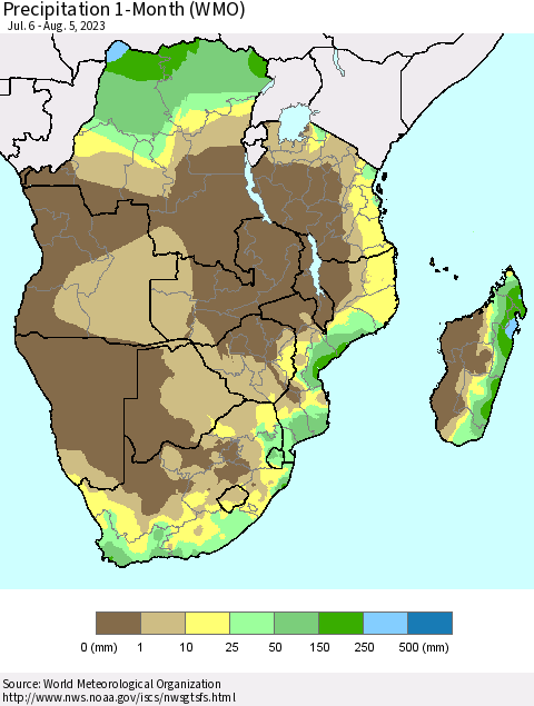 Southern Africa Precipitation 1-Month (WMO) Thematic Map For 7/6/2023 - 8/5/2023