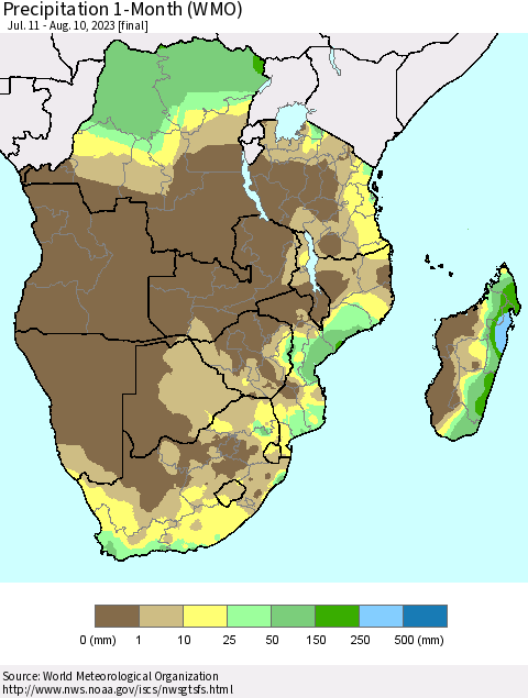Southern Africa Precipitation 1-Month (WMO) Thematic Map For 7/11/2023 - 8/10/2023