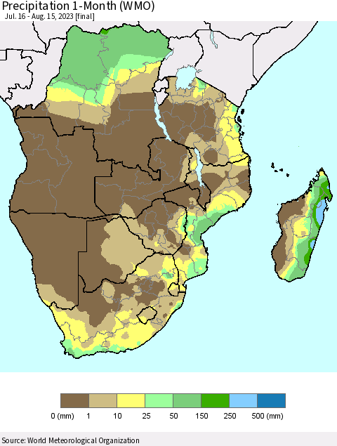 Southern Africa Precipitation 1-Month (WMO) Thematic Map For 7/16/2023 - 8/15/2023